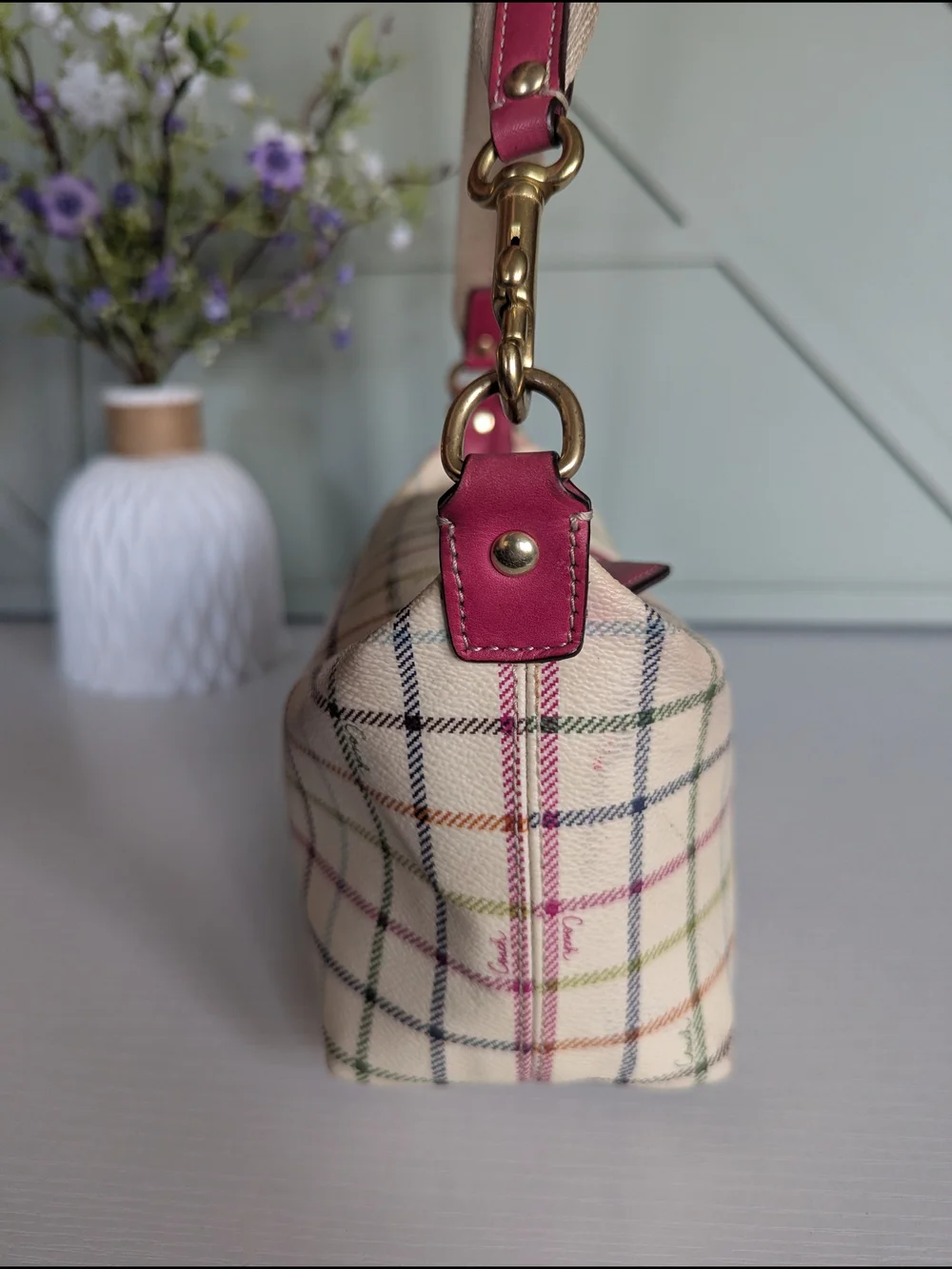 Coach Cream Plaid Canvas Shoulder Bag with Pink Accent